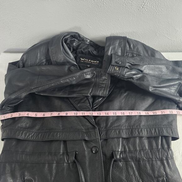 Wilson Leather Jacket Women M Black Button Drawstring Tie Shawl Biker‎ 90s City - Picture 4 of 10
